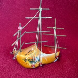 Vtg. Hand Carved Sailboat Wooden Shoe - From Holland Hand Painted